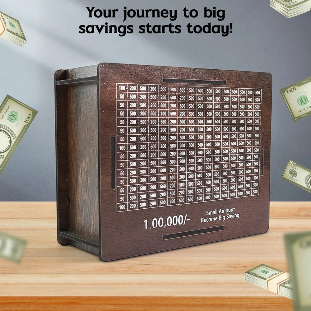 Wooden Money Saving Box for Kids & Adults – Reusable Savings Challenge Piggy Bank with Goal Tracker