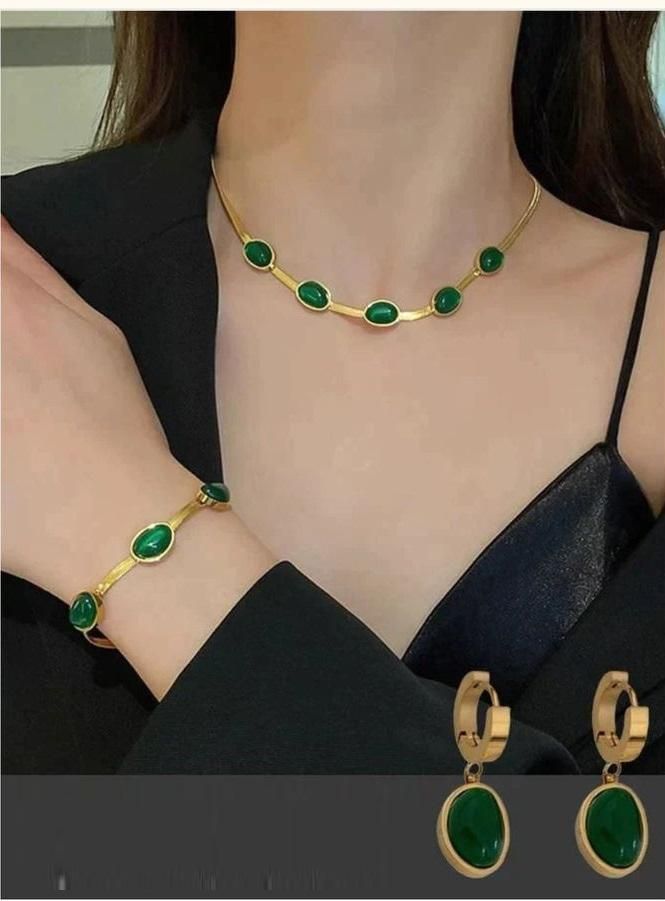 Oval Green Crystal Pendant Necklace Set With Bracelet - OwnzoKart