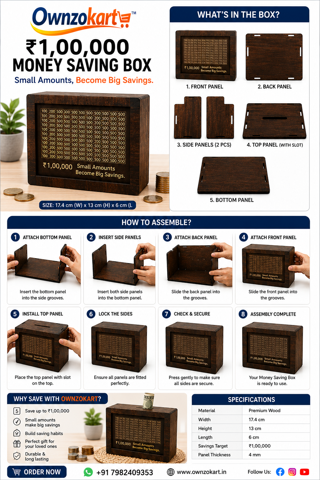 Wooden Money Saving Box for Kids & Adults – Reusable Savings Challenge Piggy Bank with Goal Tracker