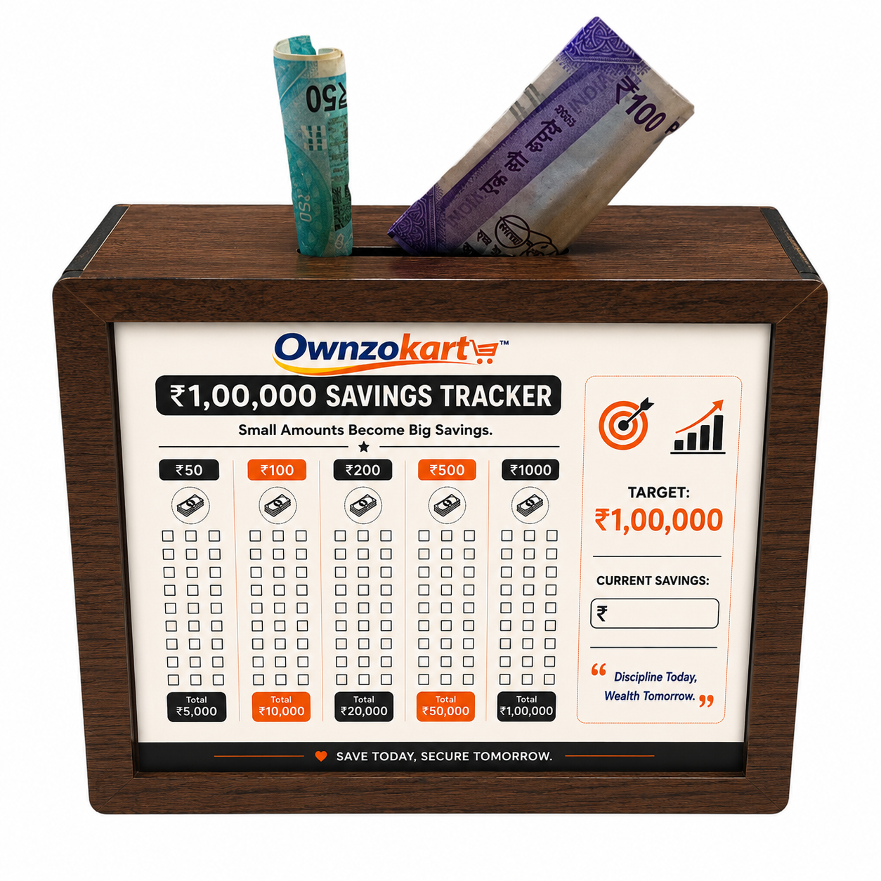 Ownzokart Wooden Money Saving Box™ for Kids & Adults – Reusable Savings Challenge Piggy Bank with Goal Tracker - OwnzoKart