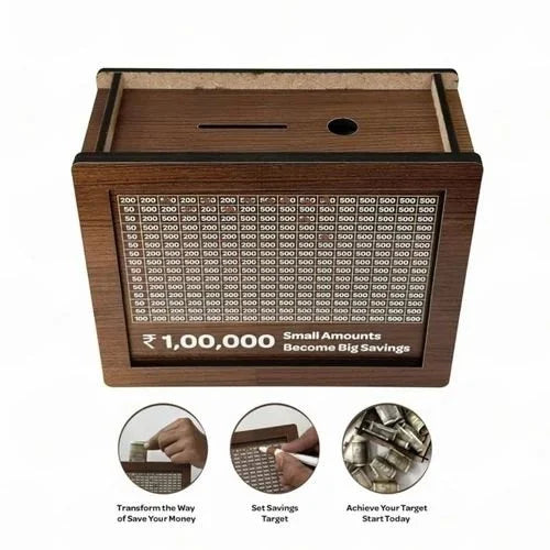 Wooden Money Saving Box for Kids & Adults – Reusable Savings Challenge Piggy Bank with Goal Tracker