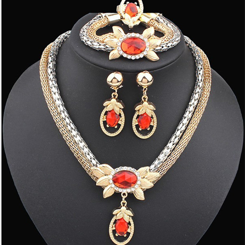 Bridal alloy four pieces of European and American double color crystal flower necklace earrings bracelet ring set 9132 - OwnzoKart