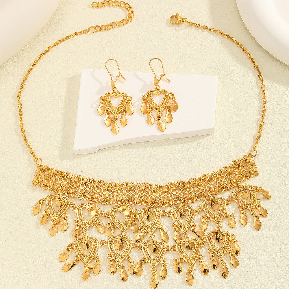 3pcs Fashionable Retro Luxury Heart-shaped Hollow Necklace Earrings Women's Set, Suitable For Party And Dance Gifts, Daily Wear - OwnzoKart