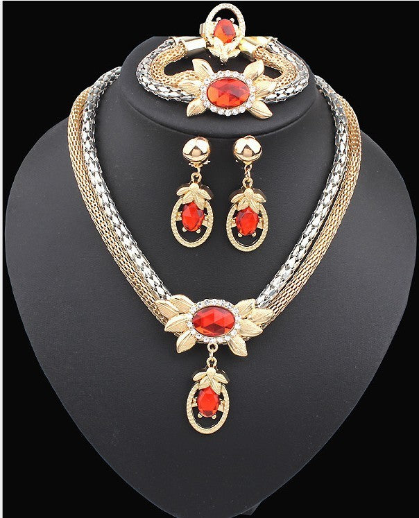 Bridal alloy four pieces of European and American double color crystal flower necklace earrings bracelet ring set 9132 - OwnzoKart