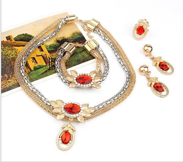 Bridal alloy four pieces of European and American double color crystal flower necklace earrings bracelet ring set 9132 - OwnzoKart