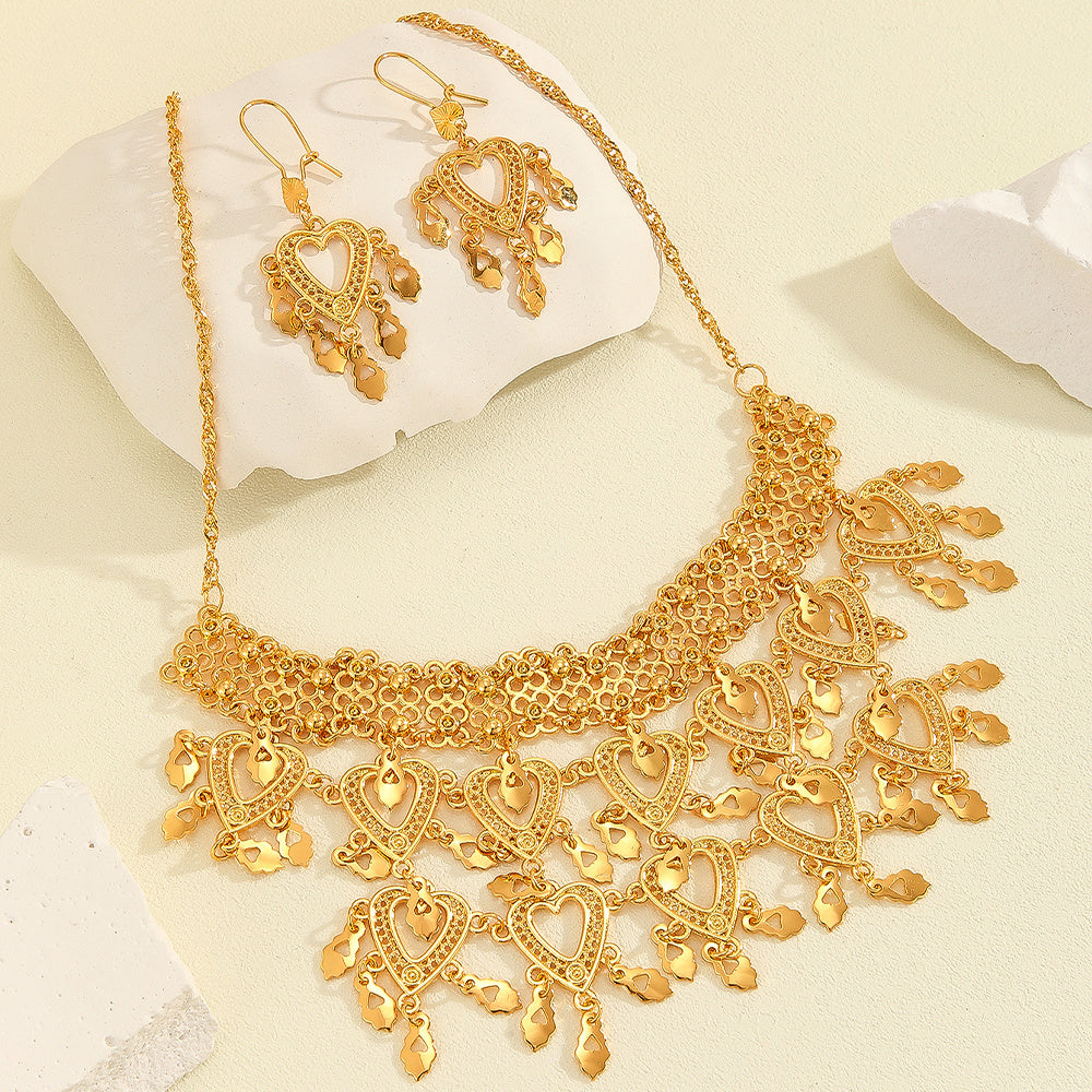 3pcs Fashionable Retro Luxury Heart-shaped Hollow Necklace Earrings Women's Set, Suitable For Party And Dance Gifts, Daily Wear - OwnzoKart