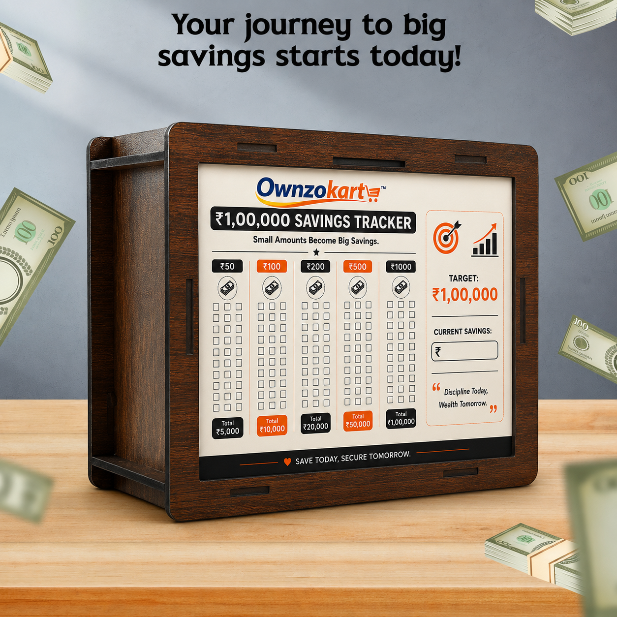 Ownzokart Wooden Money Saving Box™ for Kids & Adults – Reusable Savings Challenge Piggy Bank with Goal Tracker - OwnzoKart