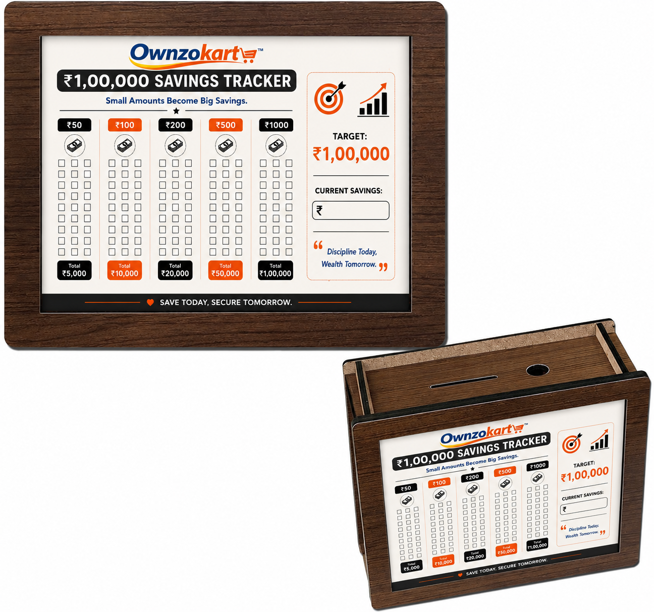 Ownzokart Wooden Money Saving Box™ for Kids & Adults – Reusable Savings Challenge Piggy Bank with Goal Tracker - OwnzoKart