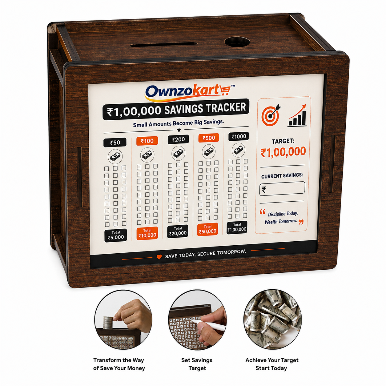 Ownzokart Wooden Money Saving Box™ for Kids & Adults – Reusable Savings Challenge Piggy Bank with Goal Tracker - OwnzoKart