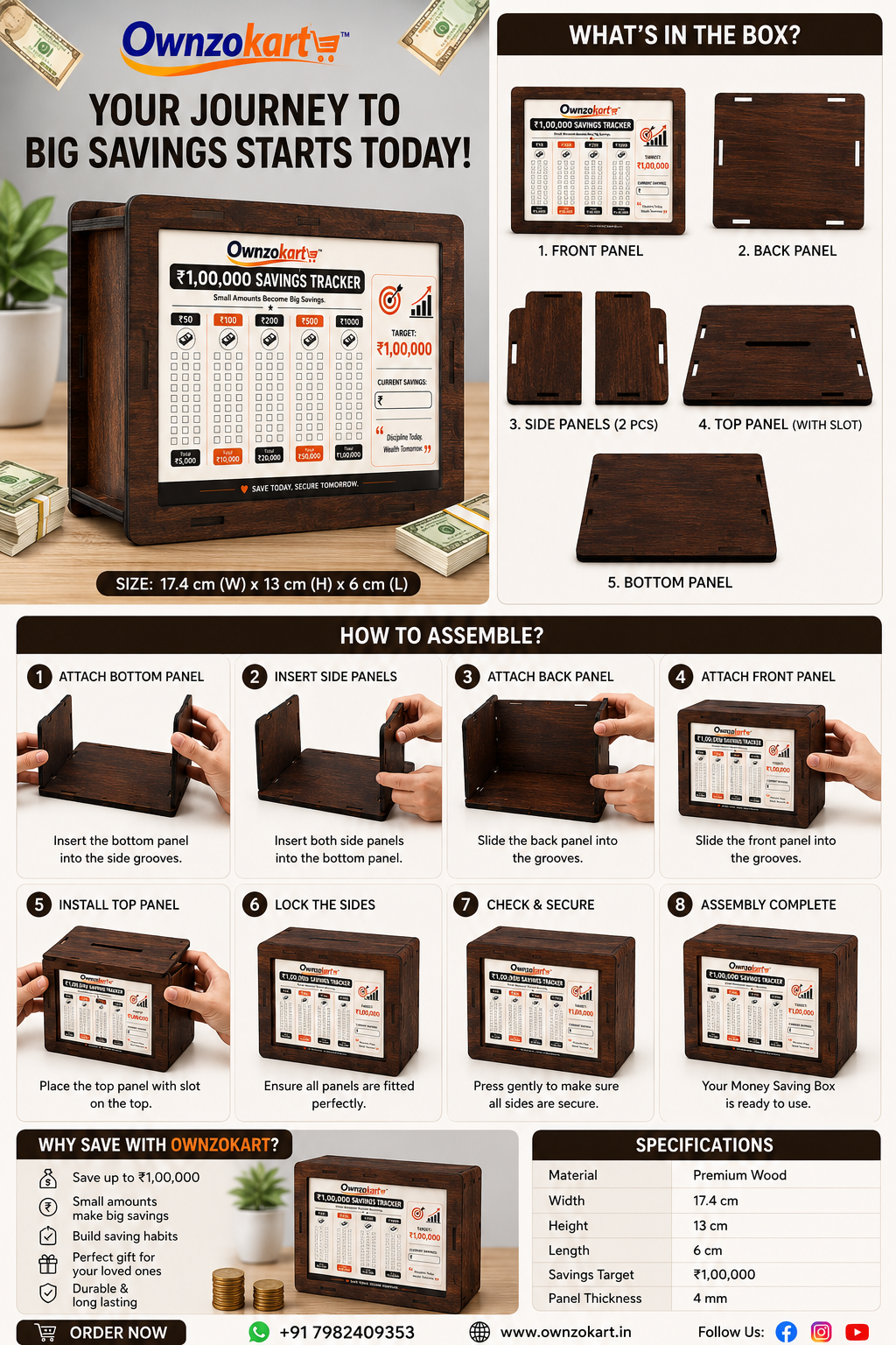 Ownzokart Wooden Money Saving Box™ for Kids & Adults – Reusable Savings Challenge Piggy Bank with Goal Tracker - OwnzoKart