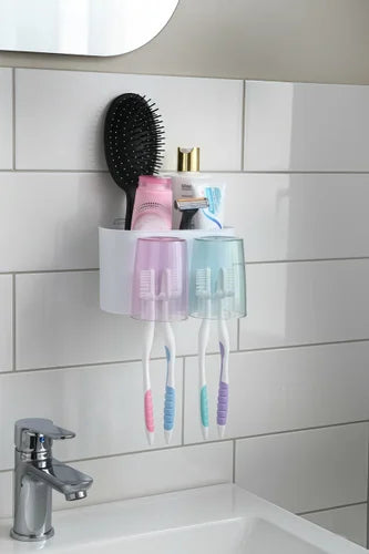 Wall Mounted Toothbrush Holder with Drainage – 4-Brush Capacity, 2 Cups, Drill-Free Bathroom Organizer