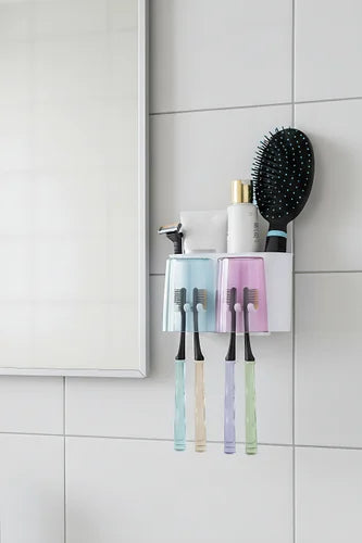Wall Mounted Toothbrush Holder with Drainage – 4-Brush Capacity, 2 Cups, Drill-Free Bathroom Organizer