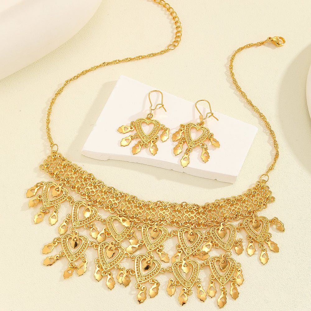 3pcs Fashionable Retro Luxury Heart-shaped Hollow Necklace Earrings Women's Set, Suitable For Party And Dance Gifts, Daily Wear - OwnzoKart