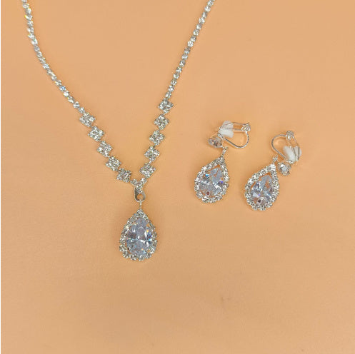 Full Rhinestone Zircon Water Drop Necklace Earrings Jewelry Set - OwnzoKart