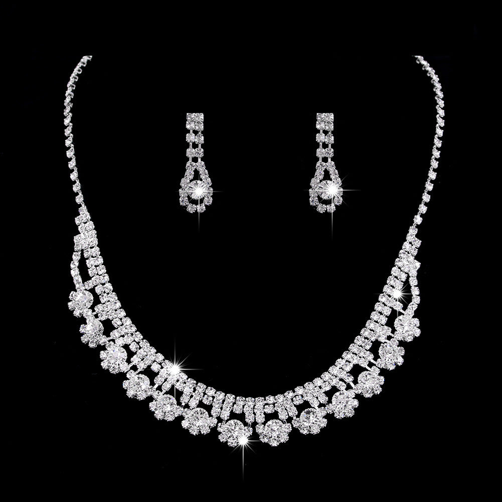 Full Rhinestone Zircon Water Drop Necklace Earrings Jewelry Set - OwnzoKart