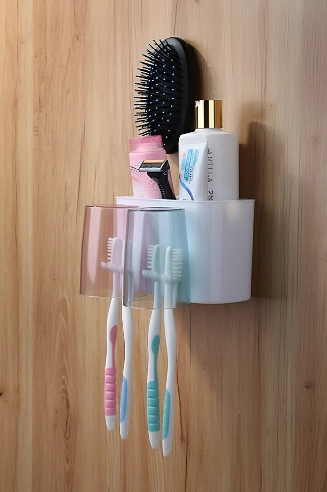 Wall Mounted Toothbrush Holder with Drainage – 4-Brush Capacity, 2 Cups, Drill-Free Bathroom Organizer